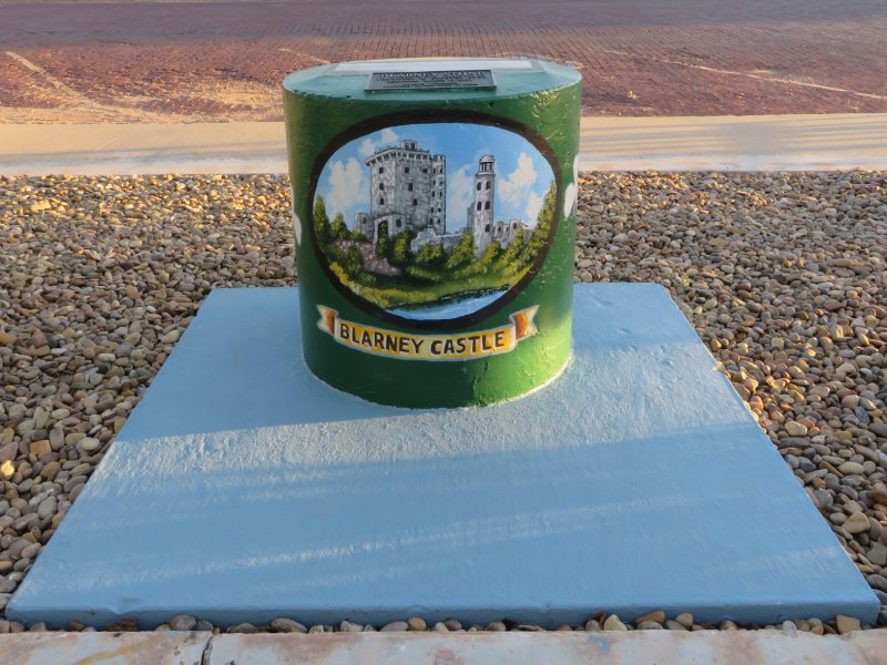 A piece of Blaney Castle stone imported from Ireland and mounted on top of the shrine in town